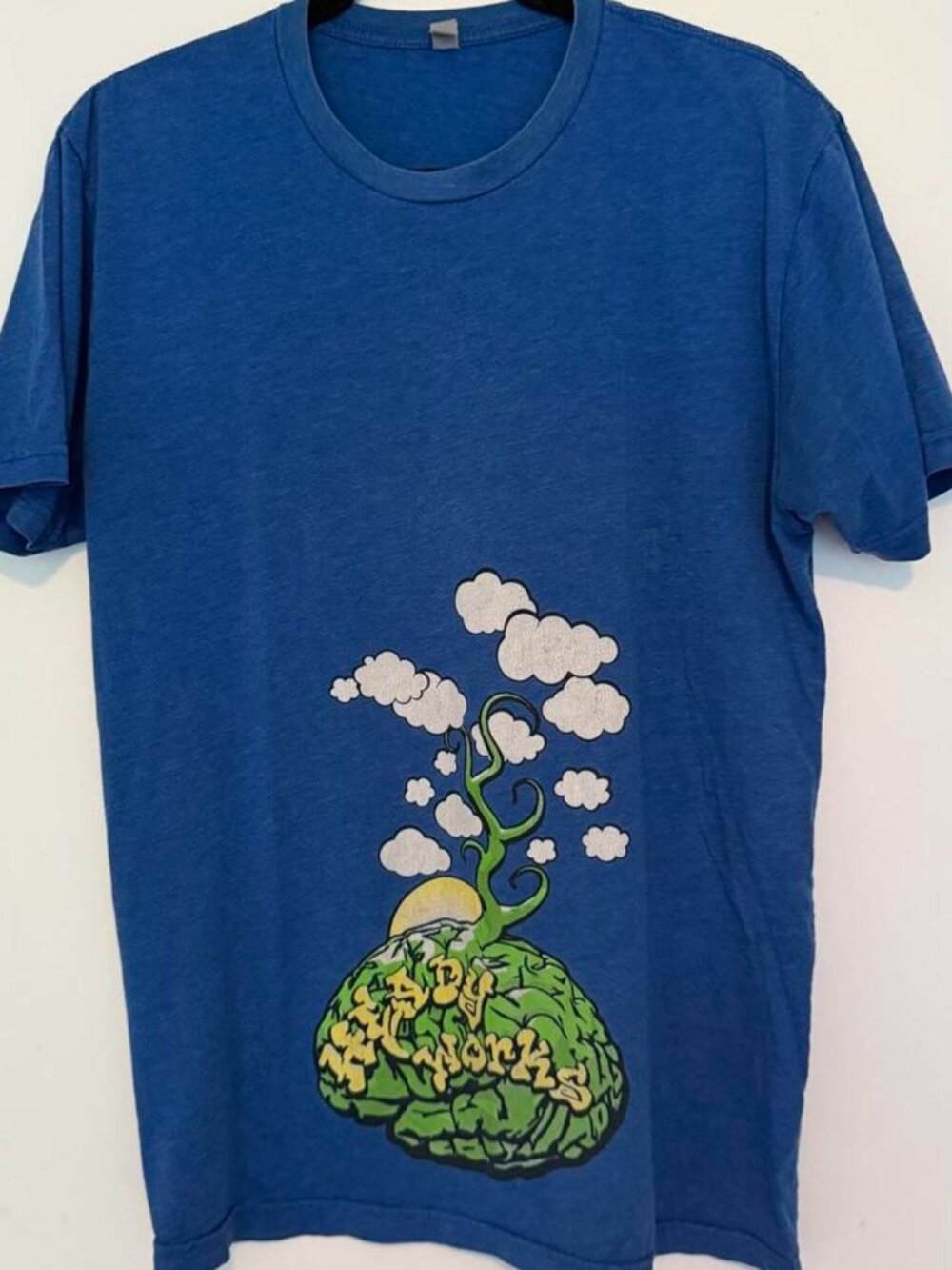 Blue t-shirt with green brain & plant graphic, size XL